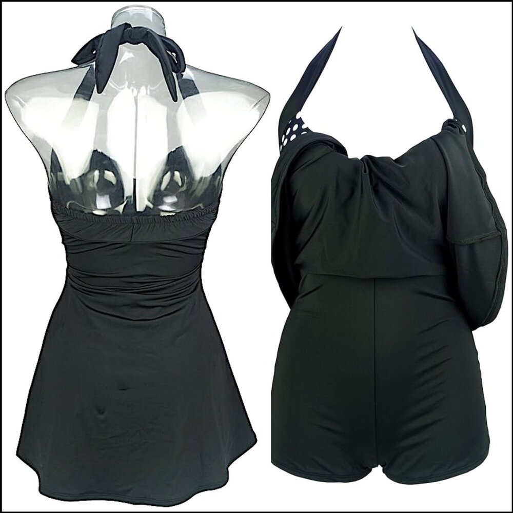 NWT Vintage Style Polka Dot Halter Neck Swim Dress, Black/White, Size XL/12-14 - Picture 2 of 10